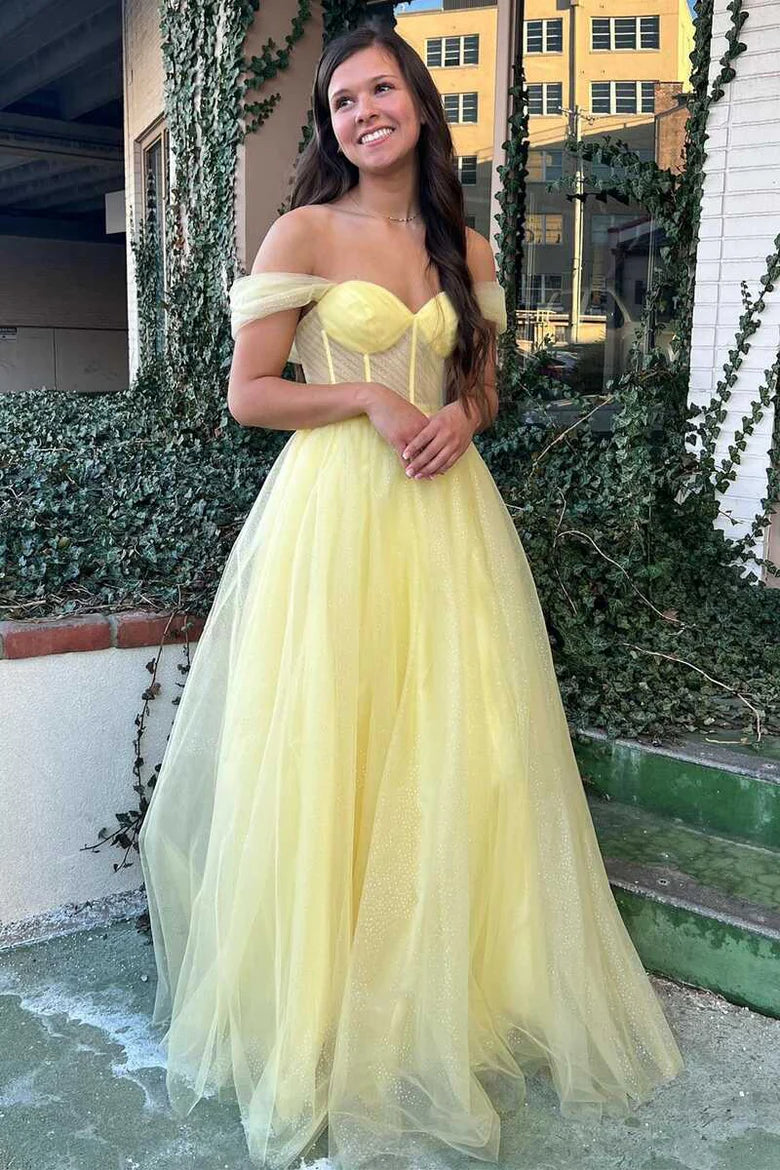 Vestido de fiesta con bustier de tul, largo hasta el suelo, corte A y hombros descubiertos